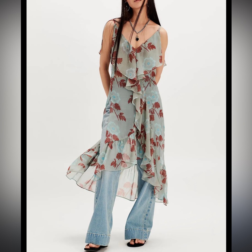 NWOT Free People Sunfaded Ruffle Floral Print Maxi Top- Sage Combo